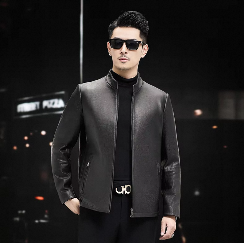 Men's Trendy Spring Autumn Genuine Sheepskin Leather Jacket Soft Stand Collar ODM Crocheted New Fashion Thin Slim Motorcycle - Image 3