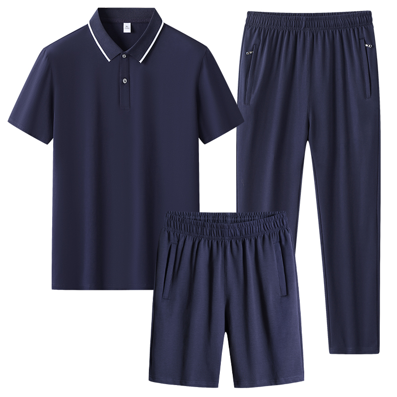 Unisex Men's Summer Three-Piece Sports Set Breathable Cotton Polo Shirt Short-Sleeved Lapel Jacket T-Shirt-Plus Size Middle-Aged - Image 3