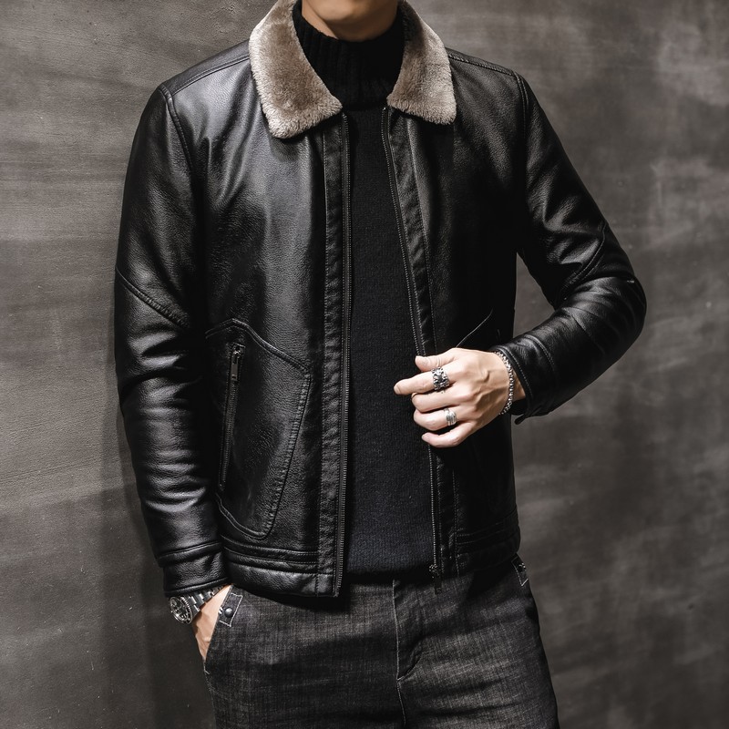 Wholesale 22 Men's Casual Fashion Winter Bomber Jacket Young Middle-aged Heated Leather Fur Collar Crocheted Fleece Motorcycle - Image 6