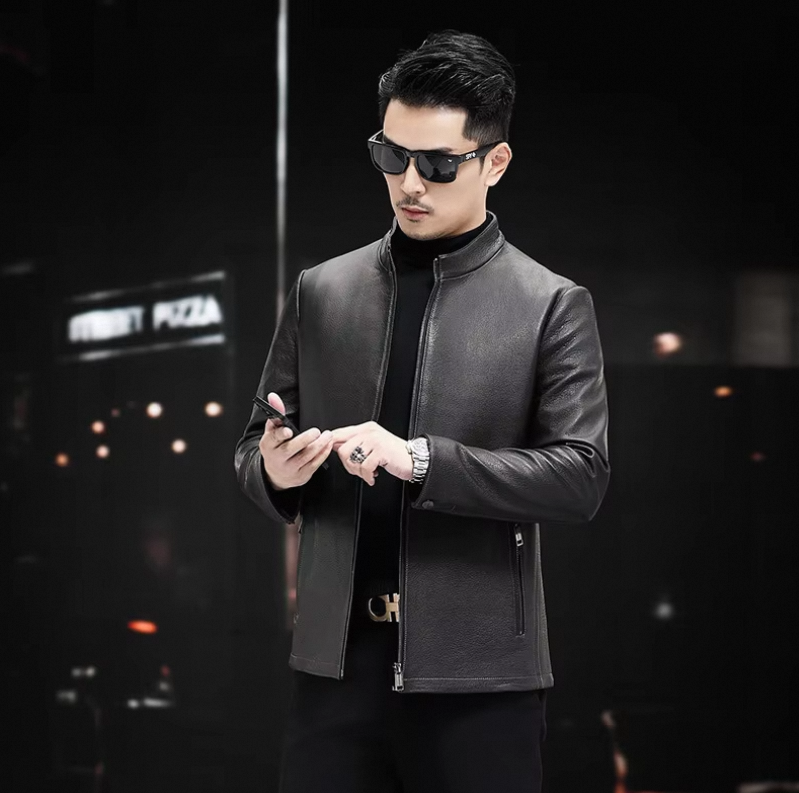 Men's Trendy Spring Autumn Genuine Sheepskin Leather Jacket Soft Stand Collar ODM Crocheted New Fashion Thin Slim Motorcycle - Image 2