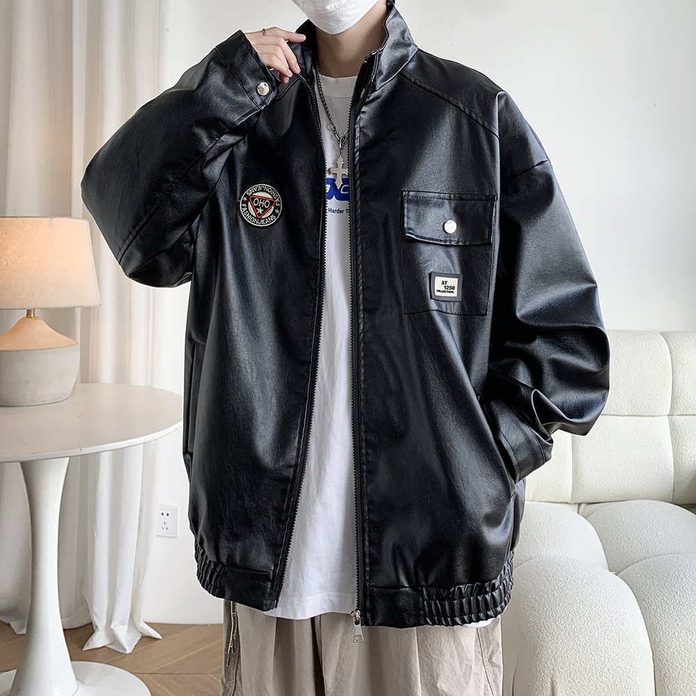 Japanese Joker Tide Men's Casual Leather Jacket High Street Vintage Style Stand Fur Zipper Plus Size 2871 P85 Control 118 Autumn - Image 2